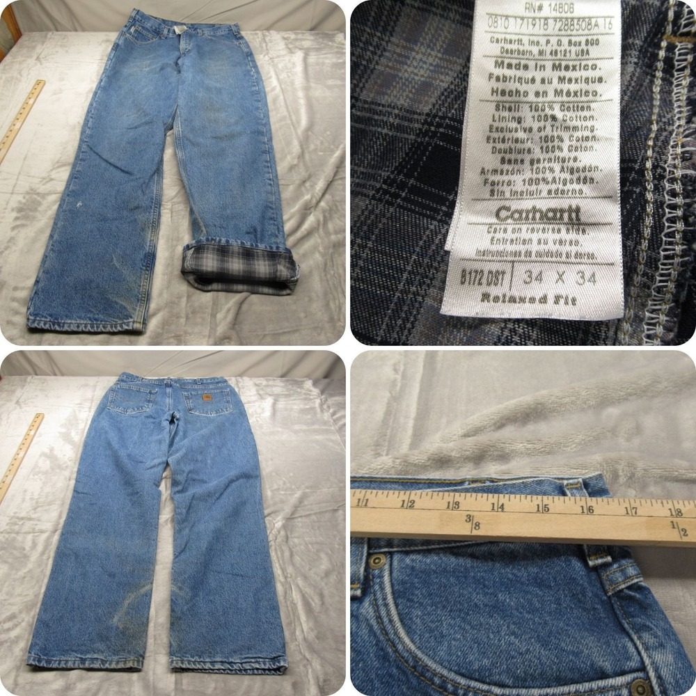 Carhartt Jeans Mens 33x33 Medium Wash Denim Flannel‎ Lined Relaxed Boot Workwear